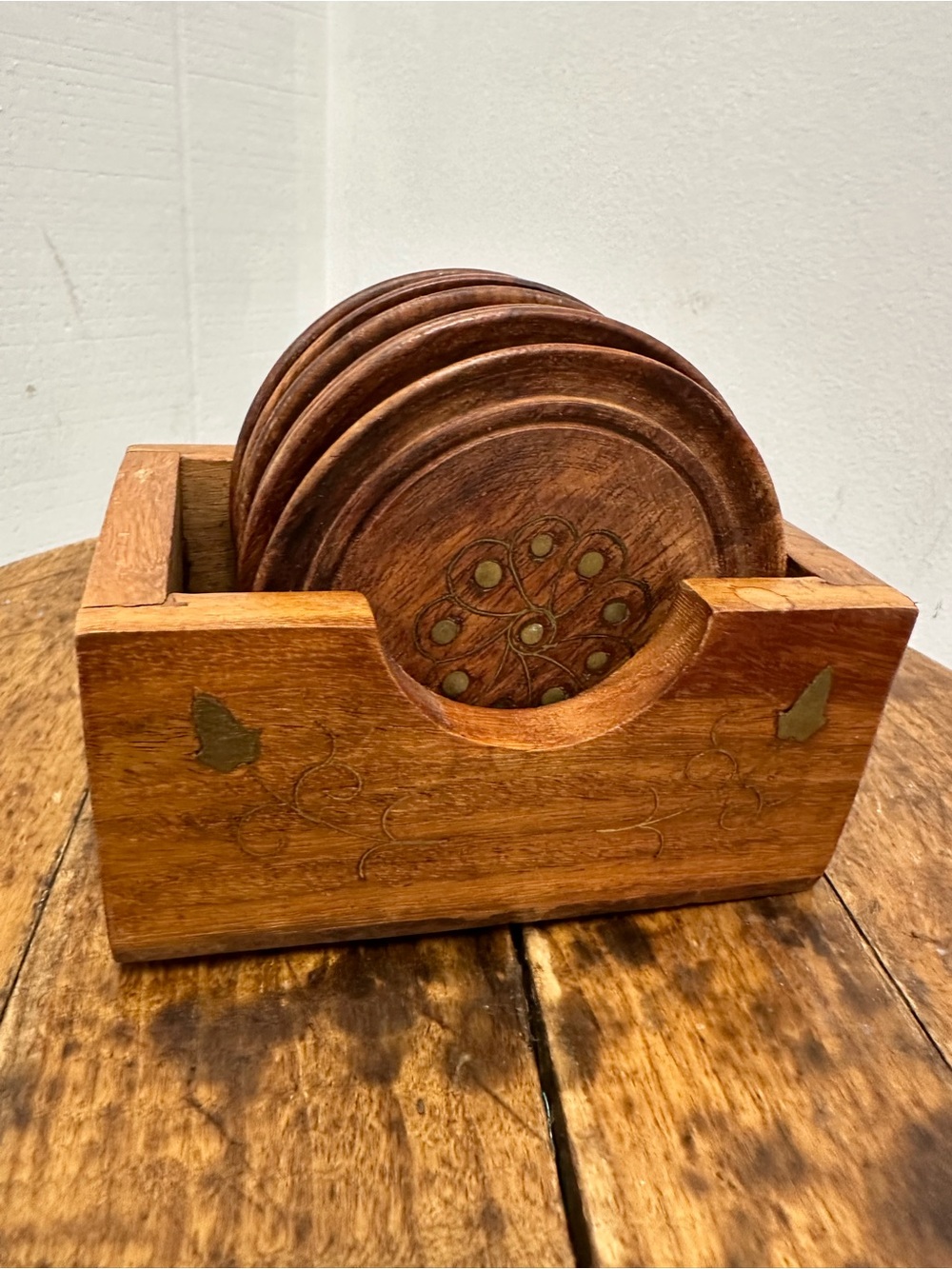 Vintage Wooden Brown Brass Inlaid Decorative Coaster Set with Holder Boho